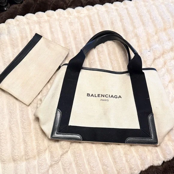 Cotton Canvas Satin Calfskin S Navy Cabas Natural Black - Picture 1 of 10